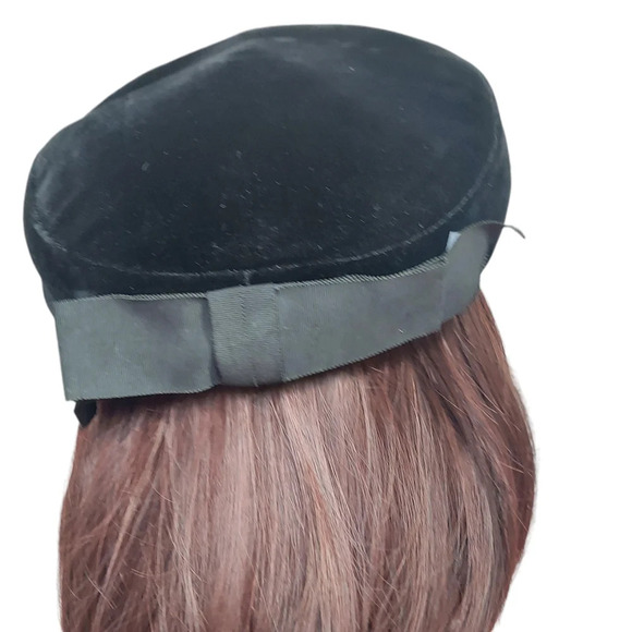 Vintage Black Velvet Union Made Back Bow Pillbox Hat - Picture 6 of 14